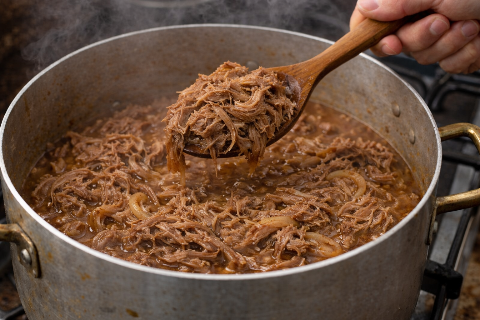 Carne desfiada suculenta, estilo caseiro, para carne louca na baguete