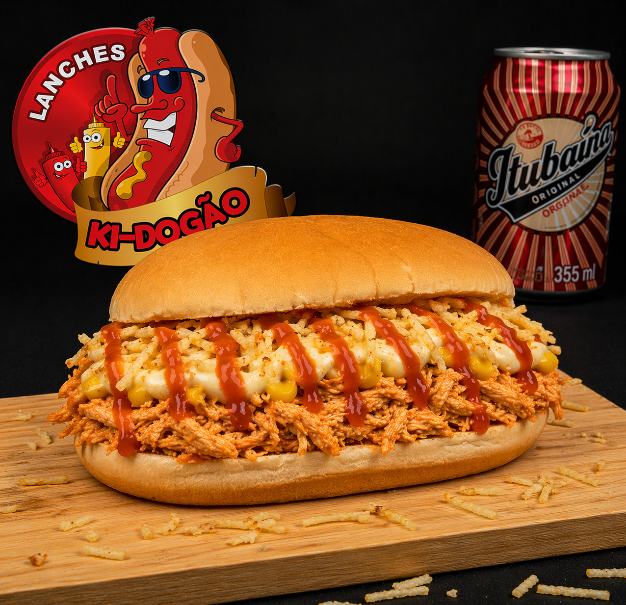 Frango louco no pão de hambúrguer — sanduíche com frango desfiado, milho, batata palha e molhos; delivery Vila Maria Baixa, zona norte de São Paulo