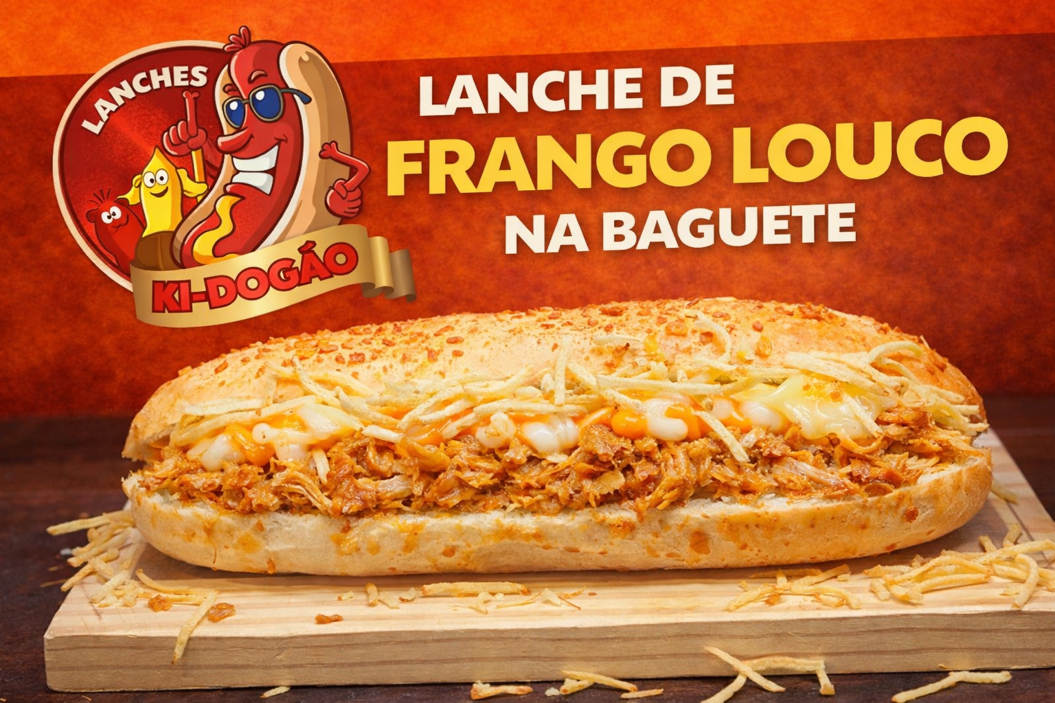 Frango Louco na baguete — frango desfiado, cheddar, catupiry, melhor frango louco delivery Vila Maria