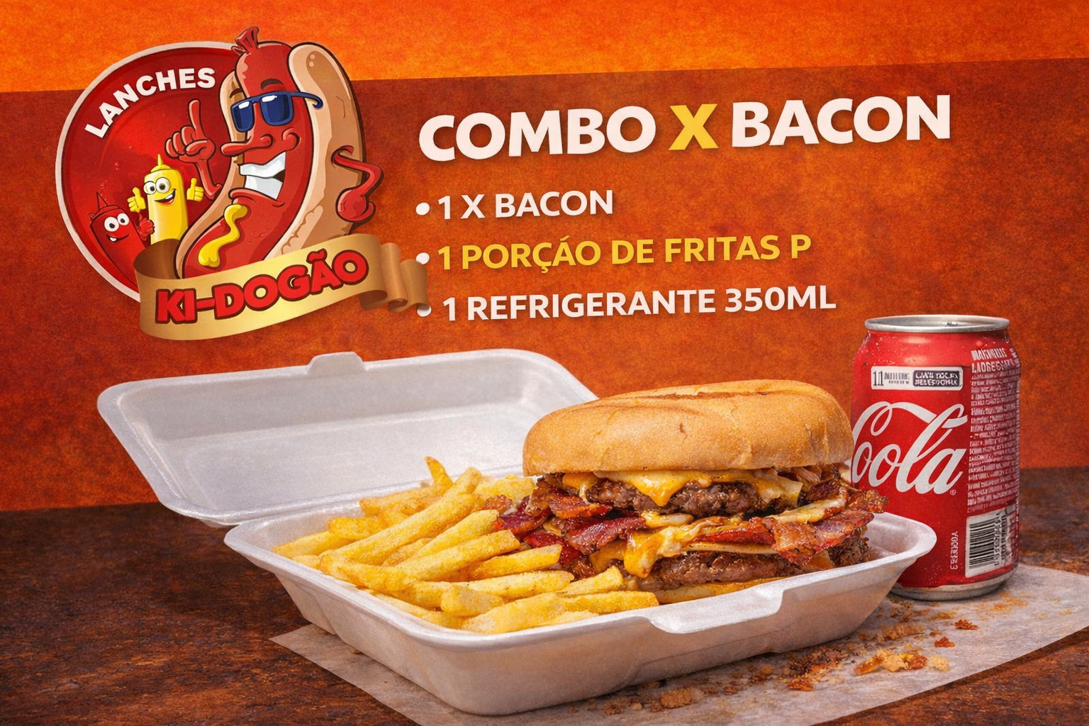 Combo X-Bacon — hambúrguer, bacon, fritas e refrigerante, Lanche Kidogão do Primo Vila Maria